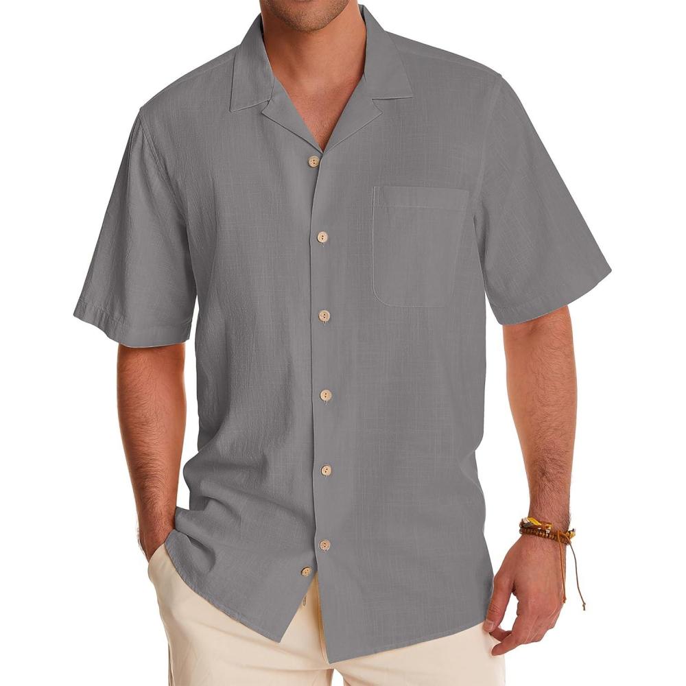 imageAlimens amp Gentle Mens Linen Shirts Cotton Hawaiian Shirts Short Sleeve Button Down Shirts Casual Summer Beach TopsCool Grey