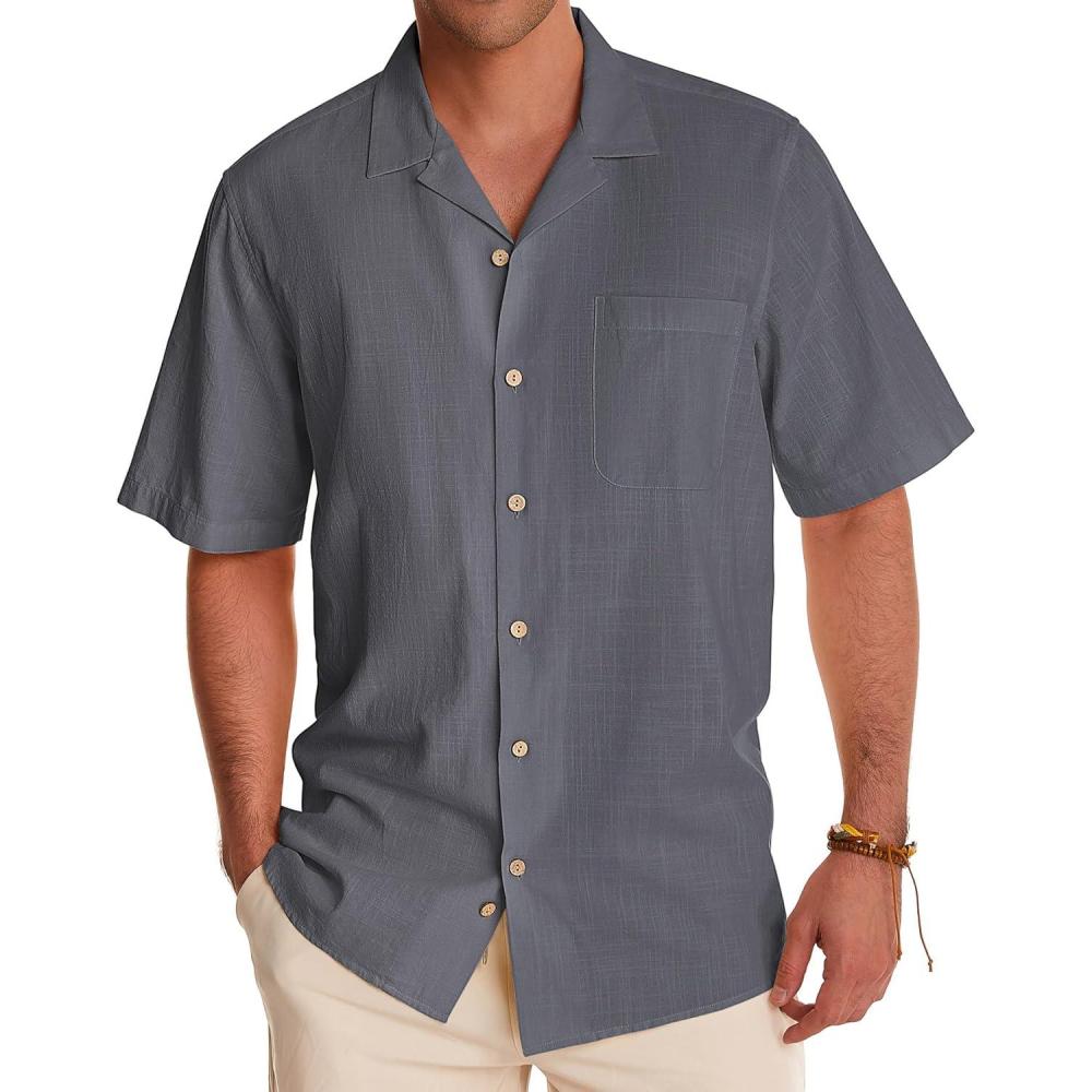 imageAlimens amp Gentle Mens Linen Shirts Cotton Hawaiian Shirts Short Sleeve Button Down Shirts Casual Summer Beach TopsGraphite Grey