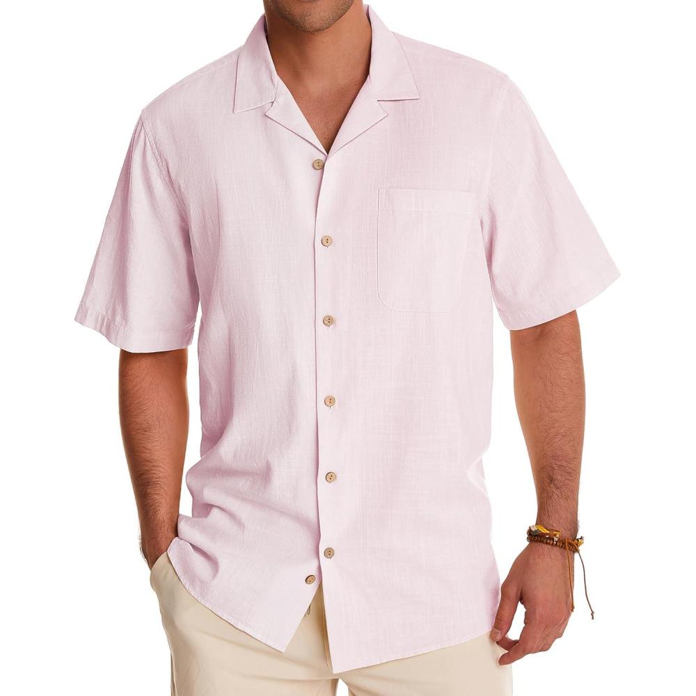 imageAlimens amp Gentle Mens Linen Shirts Cotton Hawaiian Shirts Short Sleeve Button Down Shirts Casual Summer Beach TopsPale Pink