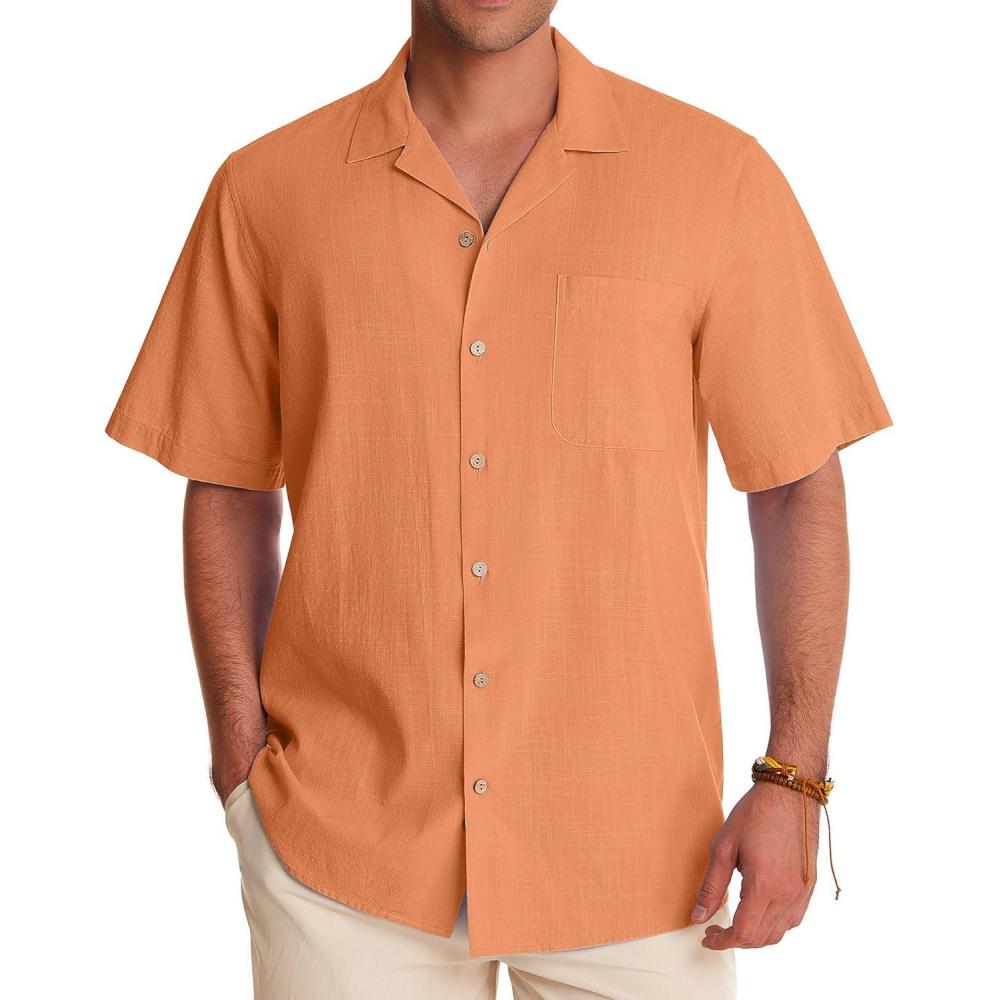 imageAlimens amp Gentle Mens Linen Shirts Cotton Hawaiian Shirts Short Sleeve Button Down Shirts Casual Summer Beach TopsPersimmon Orange