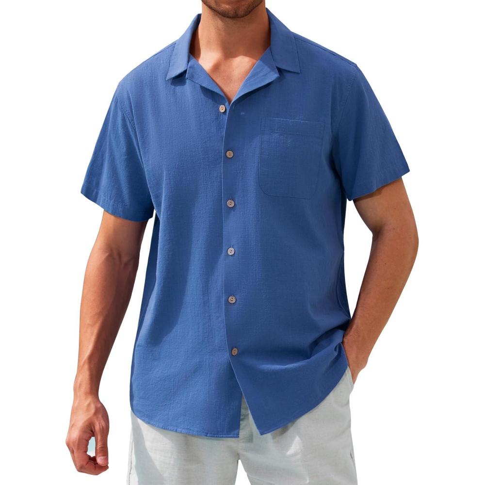 imageAlimens amp Gentle Mens Linen Shirts Cotton Hawaiian Shirts Short Sleeve Button Down Shirts Casual Summer Beach TopsRoyal Blue
