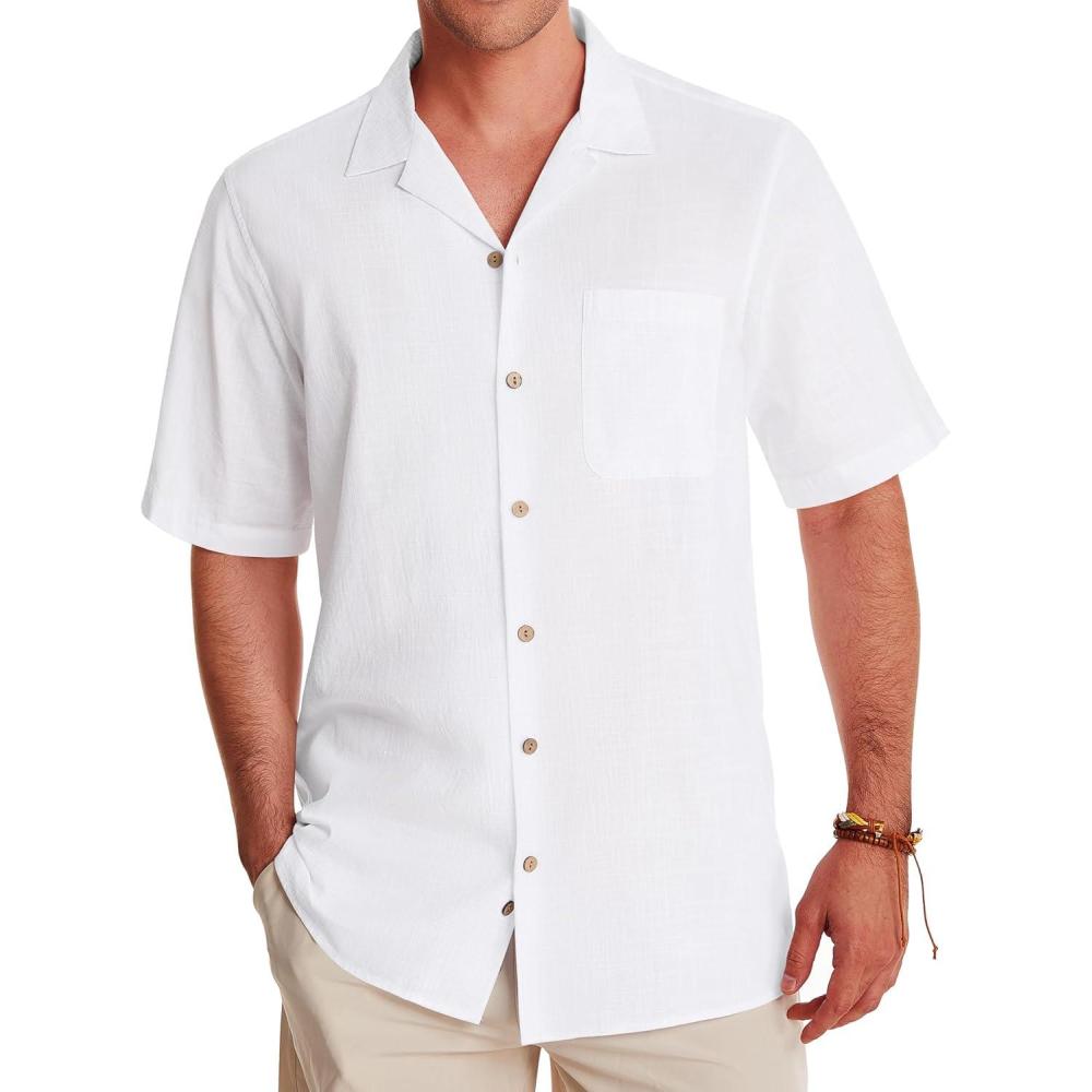 imageAlimens amp Gentle Mens Linen Shirts Cotton Hawaiian Shirts Short Sleeve Button Down Shirts Casual Summer Beach TopsWhite