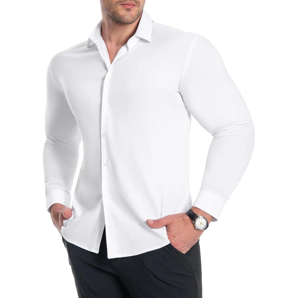 imageAlimens amp Gentle Mens Muscle Fit Dress Shirts Stretch Slim Fit Long Sleeve Button Down Shirts Business Formal Dress ShirtsAll White