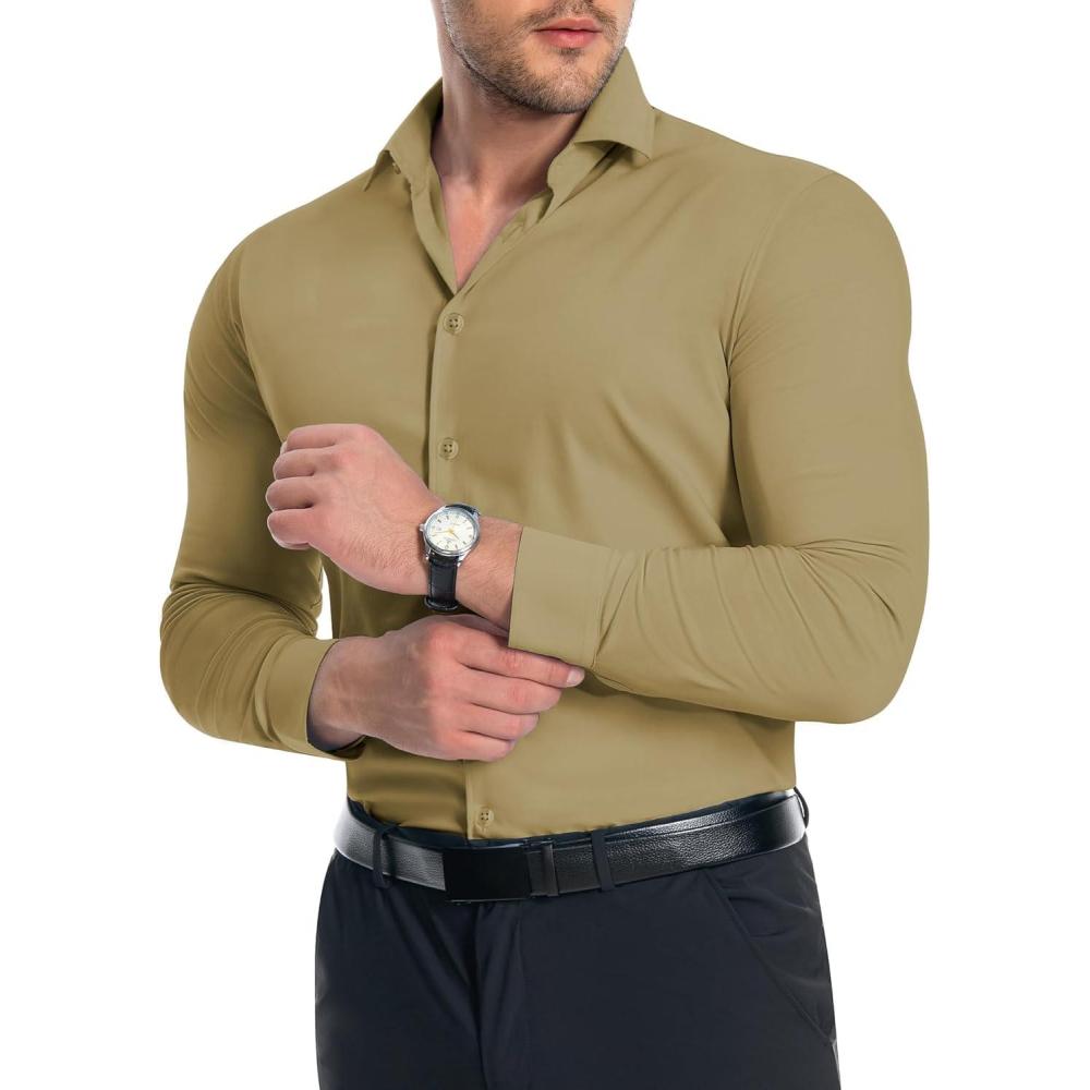 imageAlimens amp Gentle Mens Muscle Fit Dress Shirts Stretch Slim Fit Long Sleeve Button Down Shirts Business Formal Dress ShirtsKhaki