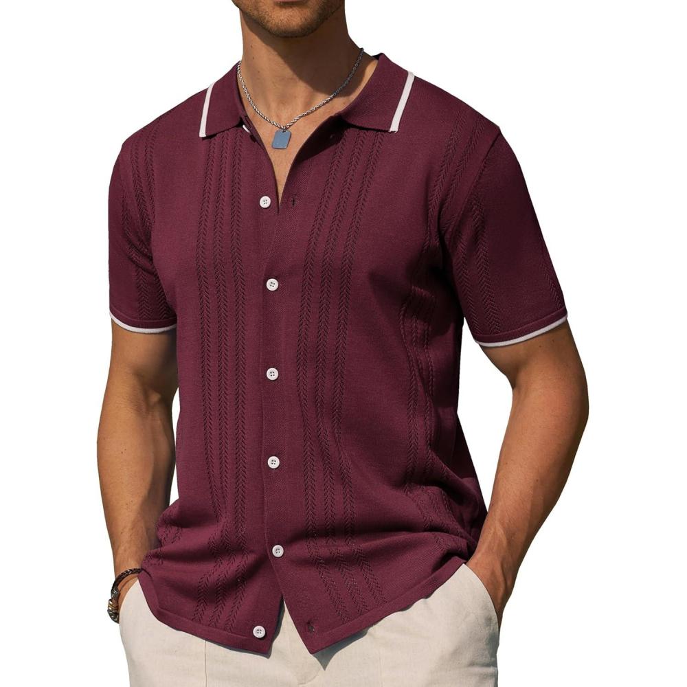 imageAlimens amp Gentle Mens Shirts Casual Button Down Shirts Beach Vintage Knit Short Sleeve Polo Shirt for Men01burgundy