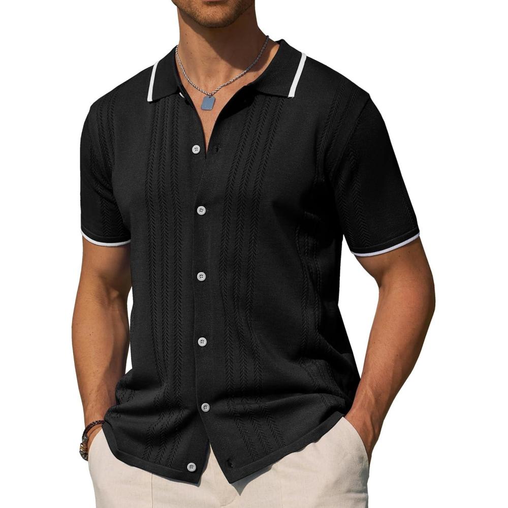 imageAlimens amp Gentle Mens Shirts Casual Button Down Shirts Beach Vintage Knit Short Sleeve Polo Shirt for Men03black