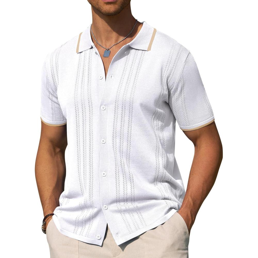 imageAlimens amp Gentle Mens Shirts Casual Button Down Shirts Beach Vintage Knit Short Sleeve Polo Shirt for Men04white