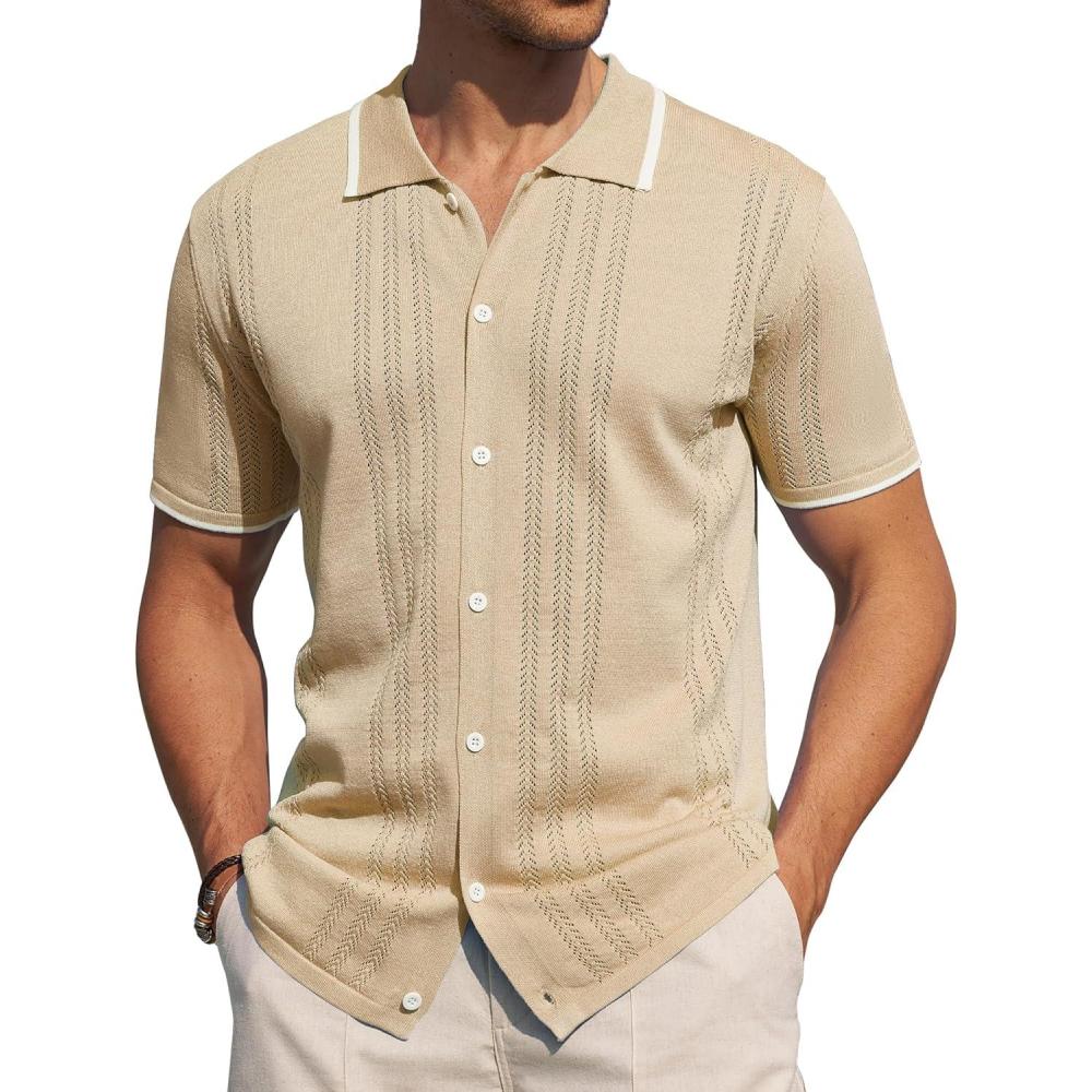 imageAlimens amp Gentle Mens Shirts Casual Button Down Shirts Beach Vintage Knit Short Sleeve Polo Shirt for Men06light Khaki
