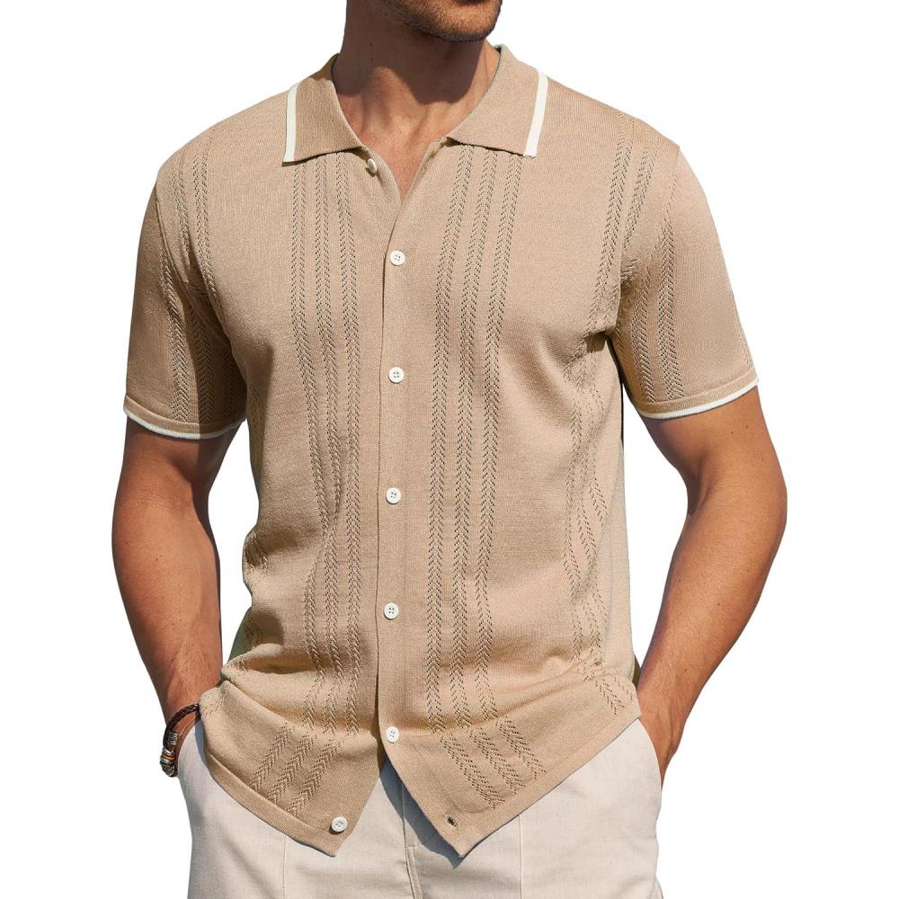 imageAlimens amp Gentle Mens Shirts Casual Button Down Shirts Beach Vintage Knit Short Sleeve Polo Shirt for Men07khaki