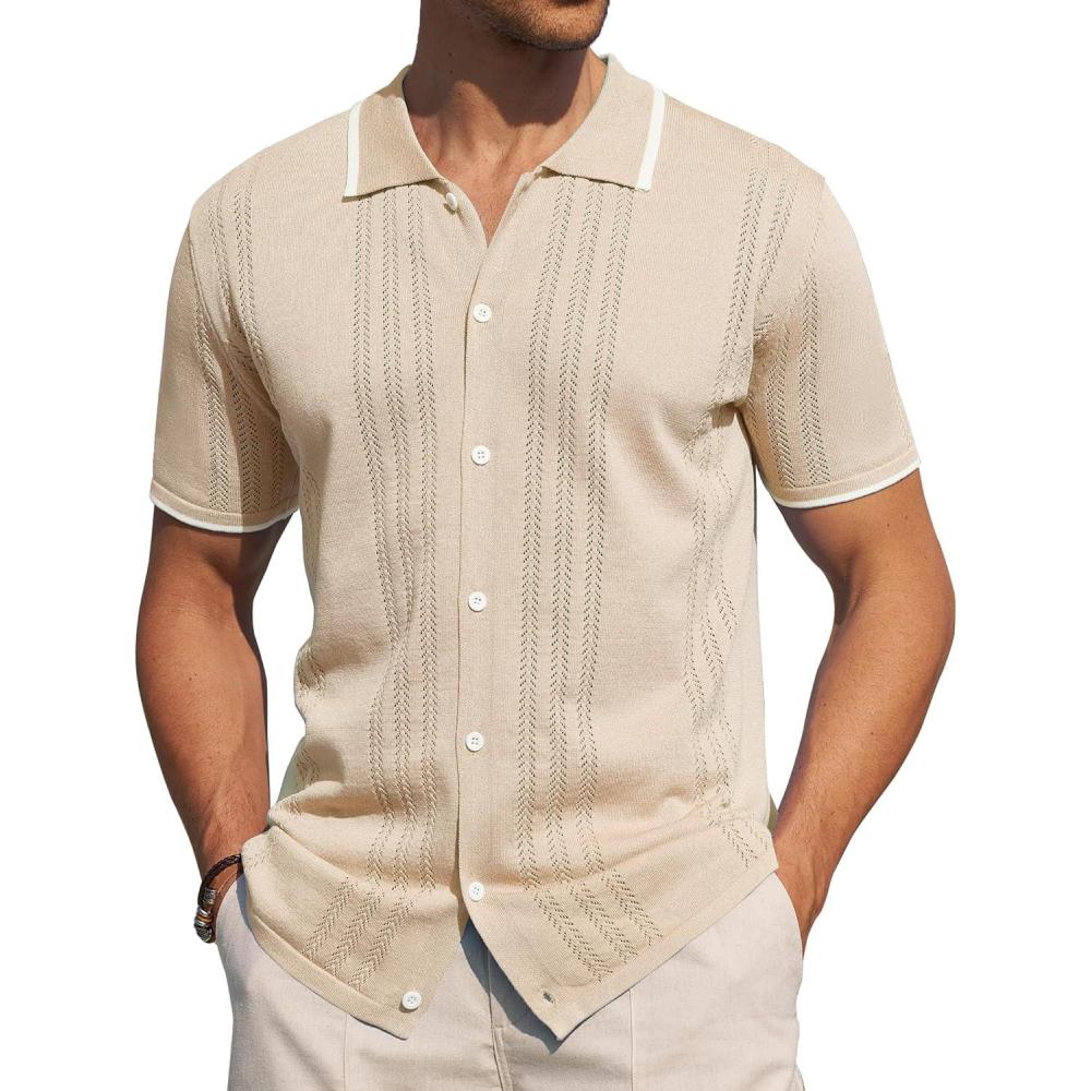 imageAlimens amp Gentle Mens Shirts Casual Button Down Shirts Beach Vintage Knit Short Sleeve Polo Shirt for Men08cream