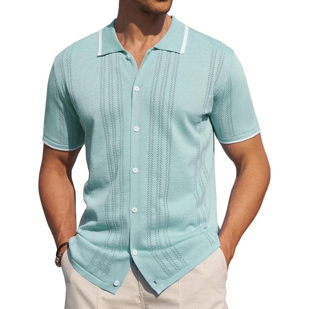 imageAlimens amp Gentle Mens Shirts Casual Button Down Shirts Beach Vintage Knit Short Sleeve Polo Shirt for Men09light Green