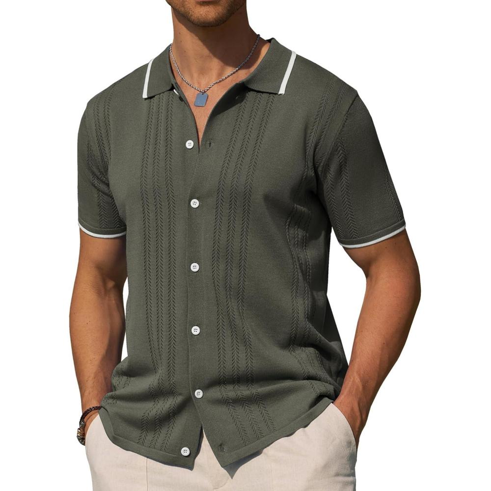 imageAlimens amp Gentle Mens Shirts Casual Button Down Shirts Beach Vintage Knit Short Sleeve Polo Shirt for Men10green