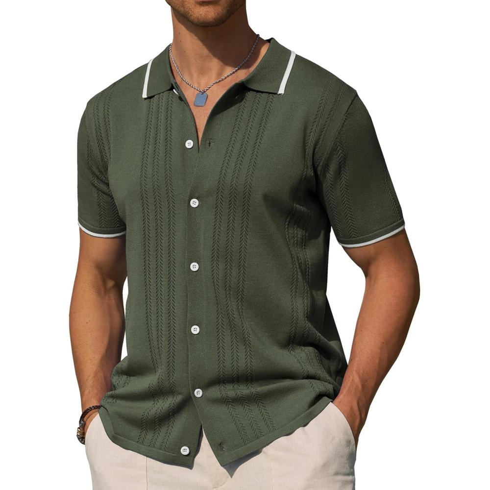 imageAlimens amp Gentle Mens Shirts Casual Button Down Shirts Beach Vintage Knit Short Sleeve Polo Shirt for Men11army Green