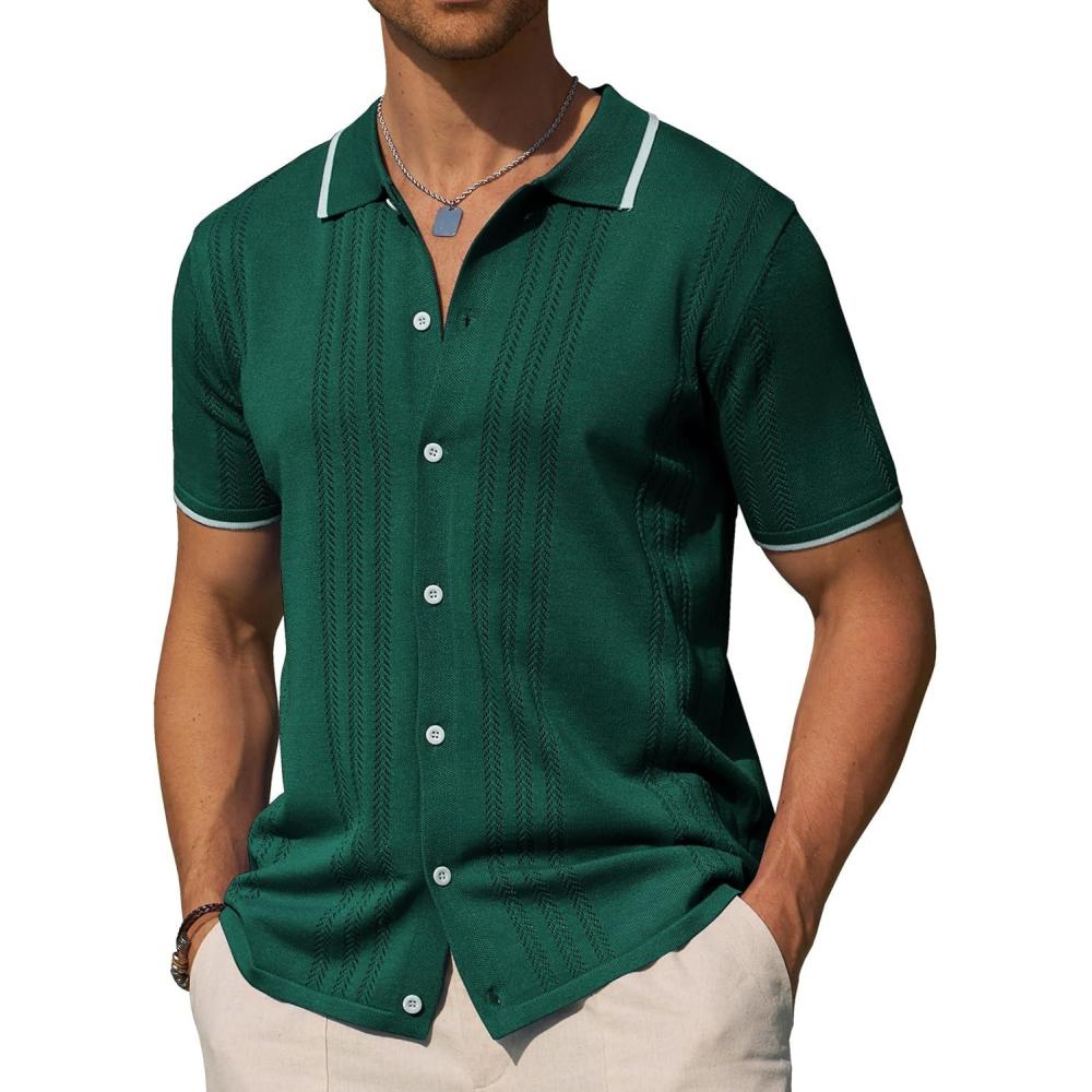imageAlimens amp Gentle Mens Shirts Casual Button Down Shirts Beach Vintage Knit Short Sleeve Polo Shirt for Men12dark Green