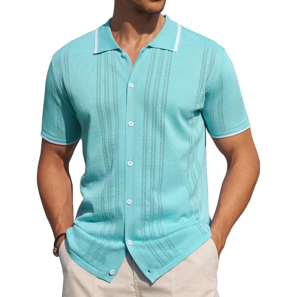imageAlimens amp Gentle Mens Shirts Casual Button Down Shirts Beach Vintage Knit Short Sleeve Polo Shirt for Men13ice Green