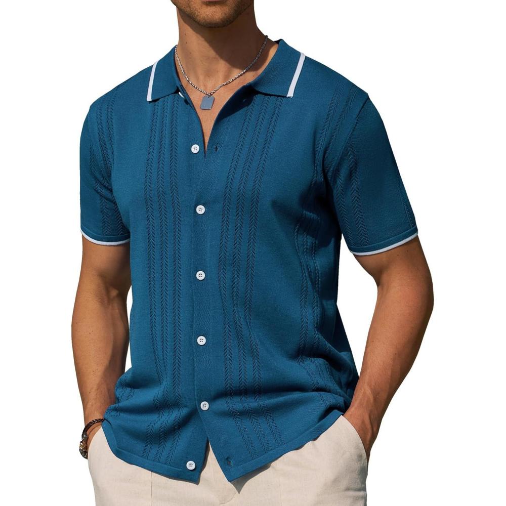 imageAlimens amp Gentle Mens Shirts Casual Button Down Shirts Beach Vintage Knit Short Sleeve Polo Shirt for Men15lake Blue