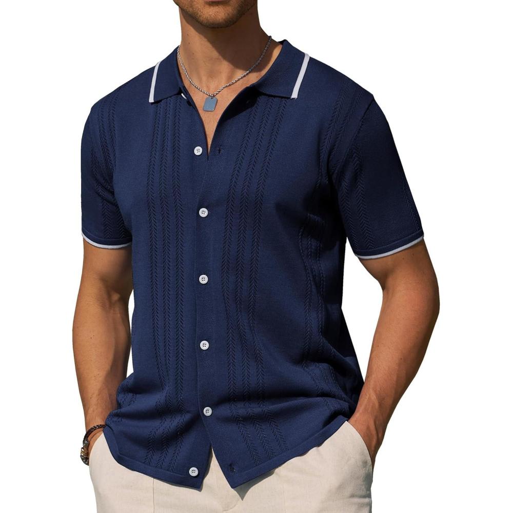 imageAlimens amp Gentle Mens Shirts Casual Button Down Shirts Beach Vintage Knit Short Sleeve Polo Shirt for Men15navy Blue