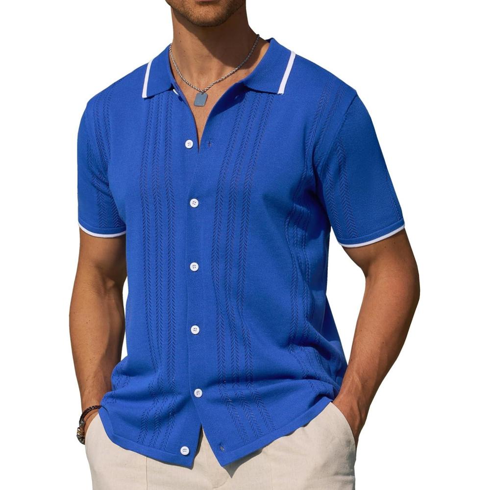 imageAlimens amp Gentle Mens Shirts Casual Button Down Shirts Beach Vintage Knit Short Sleeve Polo Shirt for Men16royal Blue