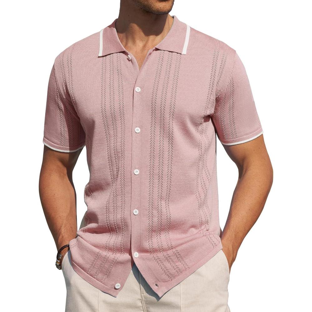 imageAlimens amp Gentle Mens Shirts Casual Button Down Shirts Beach Vintage Knit Short Sleeve Polo Shirt for Men17pink