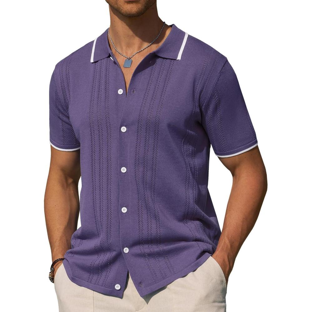 imageAlimens amp Gentle Mens Shirts Casual Button Down Shirts Beach Vintage Knit Short Sleeve Polo Shirt for Men18light Purple
