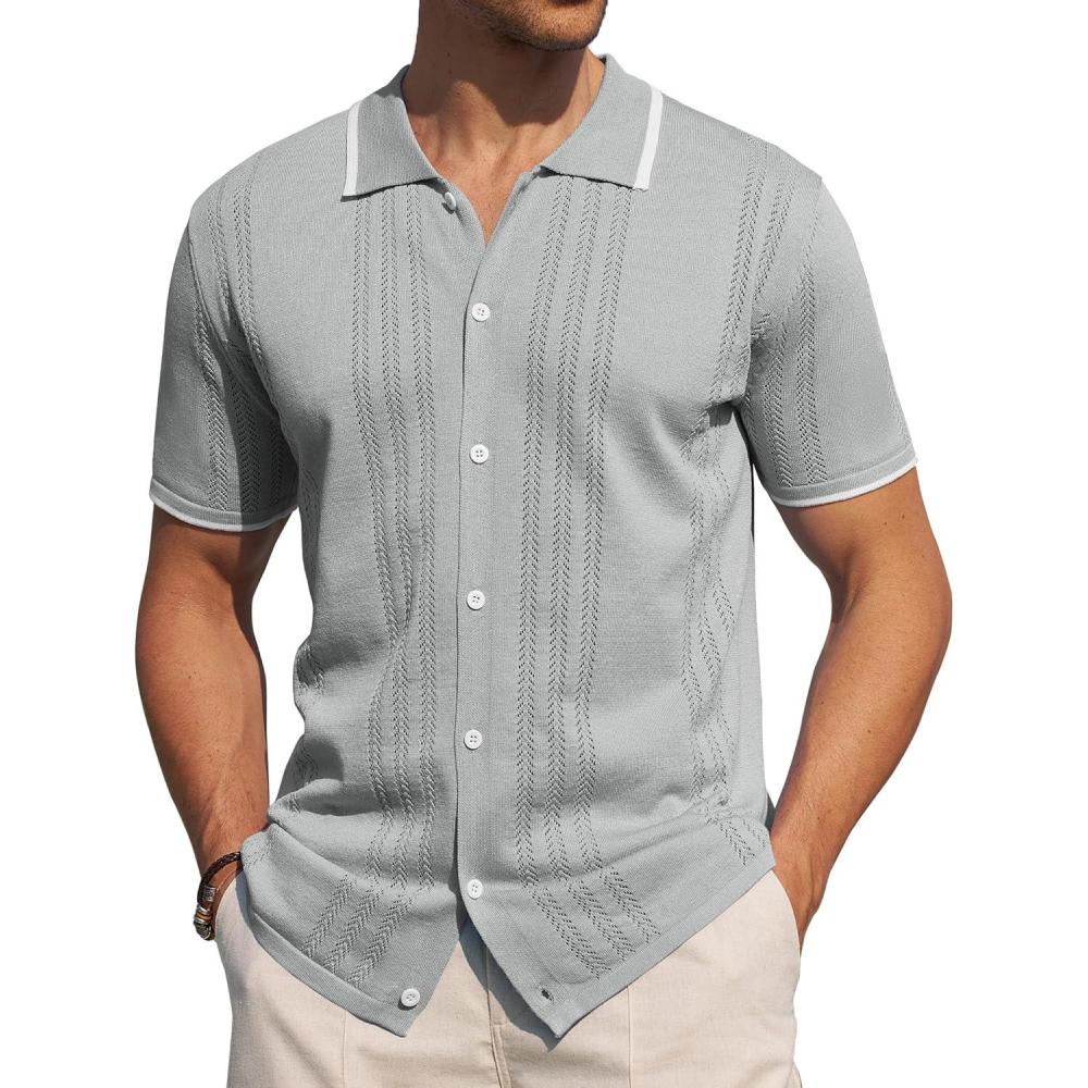 imageAlimens amp Gentle Mens Shirts Casual Button Down Shirts Beach Vintage Knit Short Sleeve Polo Shirt for Men20light Grey