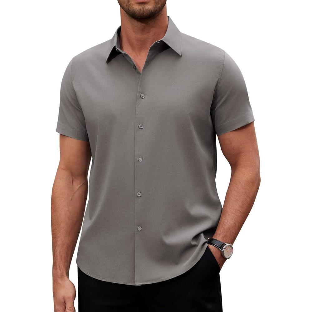 imageAlimens amp Gentle Mens Short Sleeve Dress Shirts Stretch Regular Fit Shirt Casual Button Down Business Shirts Dark Grey