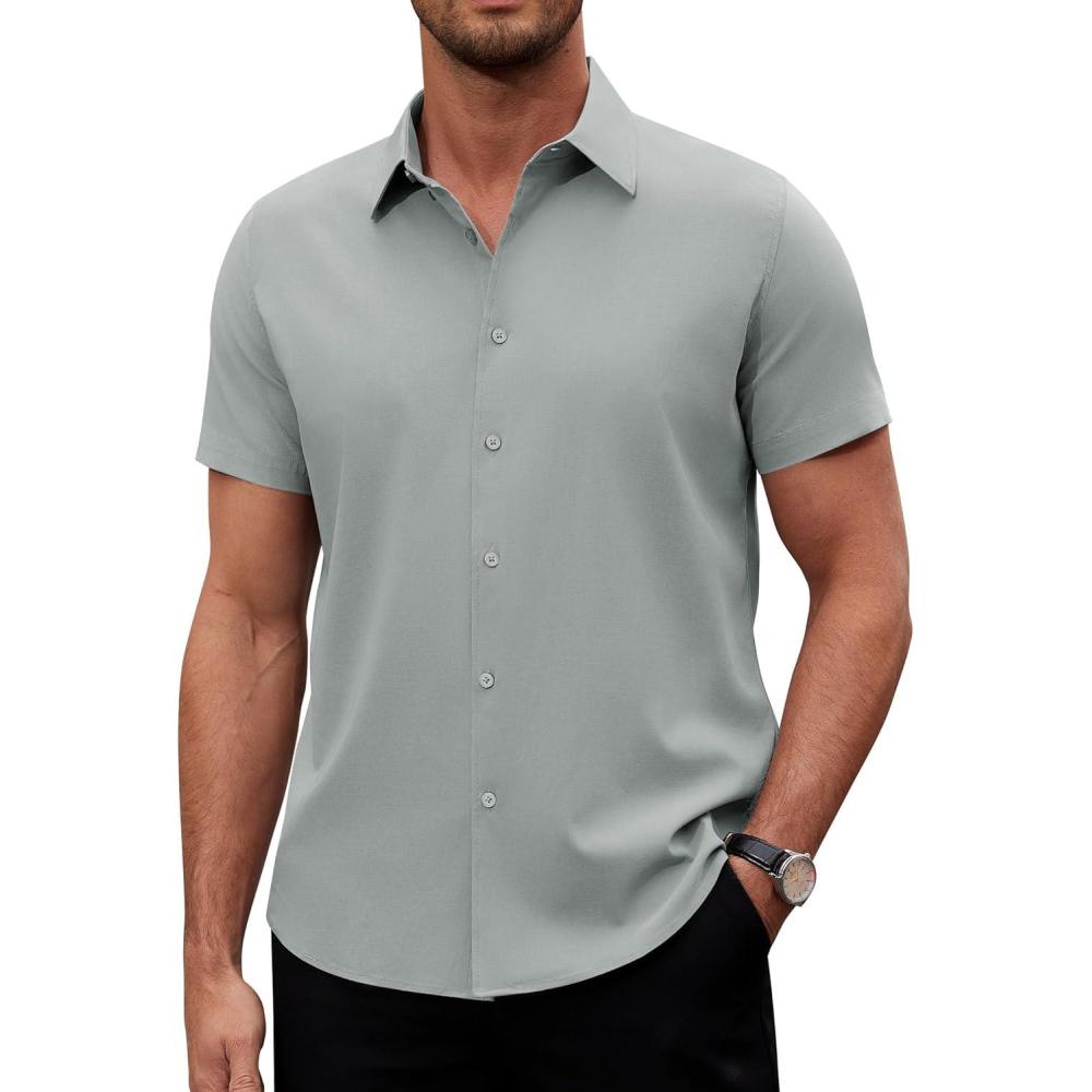 imageAlimens amp Gentle Mens Short Sleeve Dress Shirts Stretch Regular Fit Shirt Casual Button Down Business ShirtsLight Grey