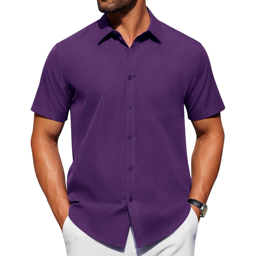 imageAlimens amp Gentle Mens Short Sleeve Dress Shirts Wrinkle Free Untucked Casual Button Down ShirtDark Purple
