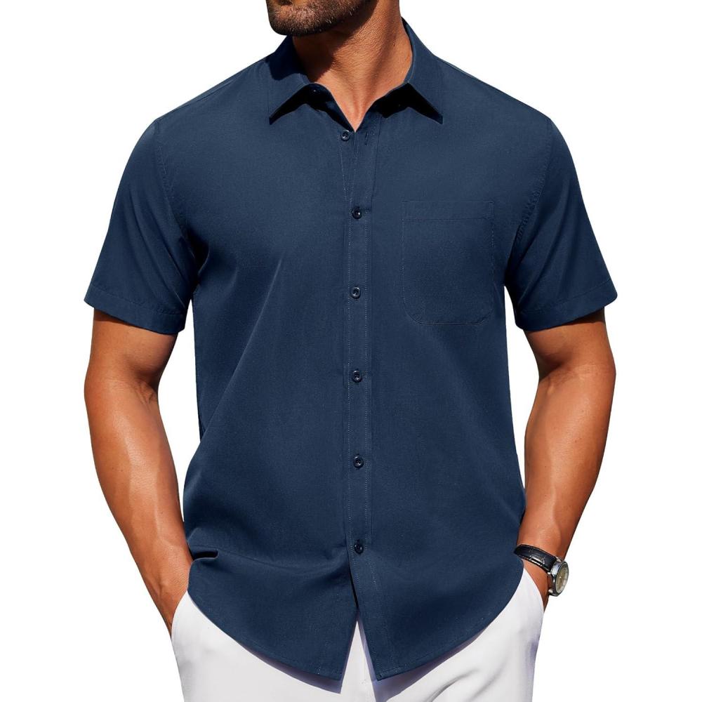 imageAlimens amp Gentle Mens Short Sleeve Dress Shirts Wrinkle Free Untucked Casual Button Down ShirtNavy Blue