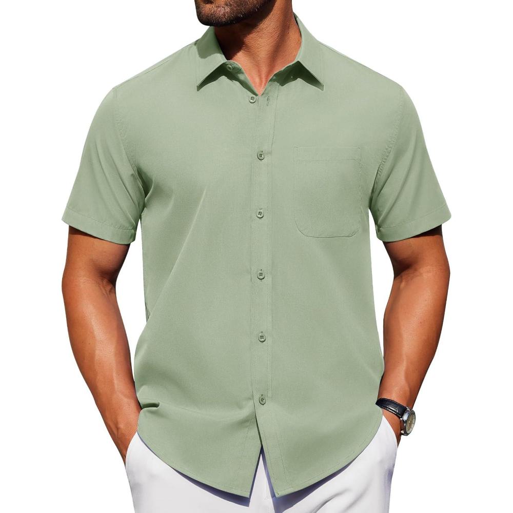 imageAlimens amp Gentle Mens Short Sleeve Dress Shirts Wrinkle Free Untucked Casual Button Down ShirtSage Green