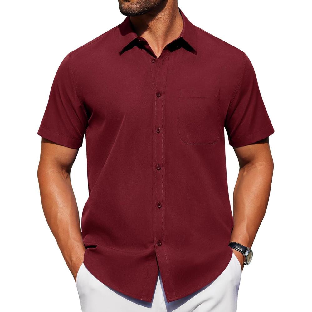 imageAlimens amp Gentle Mens Short Sleeve Dress Shirts Wrinkle Free Untucked Casual Button Down ShirtWine Red
