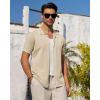 Alimens & Gentle Mens Knit Shirt Short Sleeve Button Down Shirt Textured Casual Summer Beach Polo Shirts(Beige)