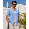 Alimens & Gentle Mens Knit Shirt Short Sleeve Button Down Shirt Textured Casual Summer Beach Polo Shirts(Blue)