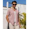 Alimens & Gentle Mens Knit Shirt Short Sleeve Button Down Shirt Textured Casual Summer Beach Polo Shirts(Pink)