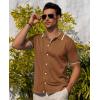 Alimens & Gentle Mens Shirts Casual Button Down Shirts Beach Vintage Knit Short Sleeve Polo Shirt for Men(02-brown)