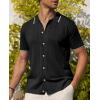 Alimens & Gentle Mens Shirts Casual Button Down Shirts Beach Vintage Knit Short Sleeve Polo Shirt for Men(03-black)