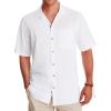 Alimens & Gentle Mens Linen Shirts Cotton Hawaiian Shirts Short Sleeve Button Down Shirts Casual Summer Beach Tops(White)