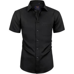 Alimens & Gentle Boy’s Short Sleeve Dress Shirts Wrinkle Free Solid Casual Button Down Shirts with Pocket(Black)