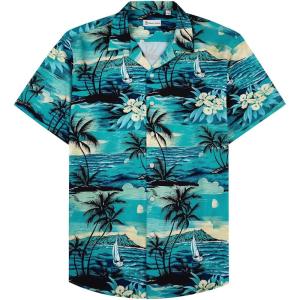 Alimens & Gentle Hawaiian Shirt for Men Summer Beach Casual Short Sleeve Button Down Shirts Printed Tropical Vacation Shirts(Dark Green Beach)