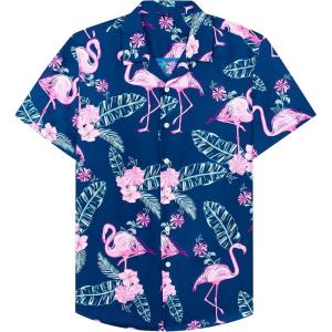 Alimens & Gentle Hawaiian Shirt for Men Summer Beach Casual Short Sleeve Button Down Shirts Printed Tropical Vacation Shirts(Navy Rosy)
