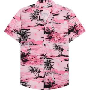 Alimens & Gentle Hawaiian Shirt for Men Summer Beach Casual Short Sleeve Button Down Shirts Printed Tropical Vacation Shirts(Pink Beach)