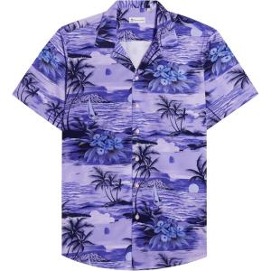Alimens & Gentle Hawaiian Shirt for Men Summer Beach Casual Short Sleeve Button Down Shirts Printed Tropical Vacation Shirts(Purple Beach)