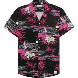 Alimens & Gentle Hawaiian Shirt for Men Summer Beach Casual Short Sleeve Button Down Shirts Printed Tropical Vacation Shirts(Rosy Black Beach)