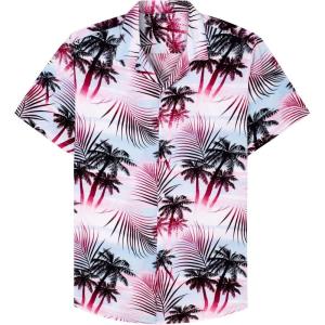 Alimens & Gentle Hawaiian Shirt for Men Summer Beach Casual Short Sleeve Button Down Shirts Printed Tropical Vacation Shirts(Rosy White Palm)
