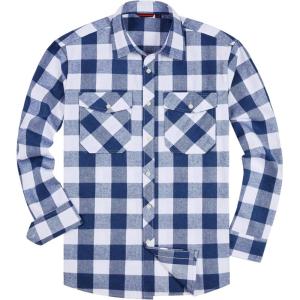Alimens & Gentle Men’s Button Down Regular Fit Long Sleeve Plaid Flannel Casual Shirts(Dark Blue&beige)