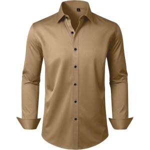 Alimens & Gentle Men’s Dress Shirts Long Sleeve Wrinkle Free Stretch Business Casual Wedding Button Down Shirt(Khaki)
