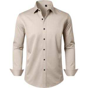Alimens & Gentle Men’s Dress Shirts Long Sleeve Wrinkle Free Stretch Business Casual Wedding Button Down Shirt(Tan)
