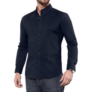 Alimens & Gentle Men’s Dress Shirts Long Sleeve Wrinkle-Resistant Solid Stretch Button Down Shirt(Navy)