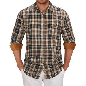 Alimens & Gentle Men’s Flannel Long Sleeve Shirt Classic Plaid Button Down Shirts Soft Warm Winter Tops with Pocket Work Camp(Khaki Black Plaid)