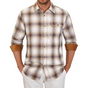 Alimens & Gentle Men’s Flannel Long Sleeve Shirt Classic Plaid Button Down Shirts Soft Warm Winter Tops with Pocket Work Camp(Khaki White Plaid)